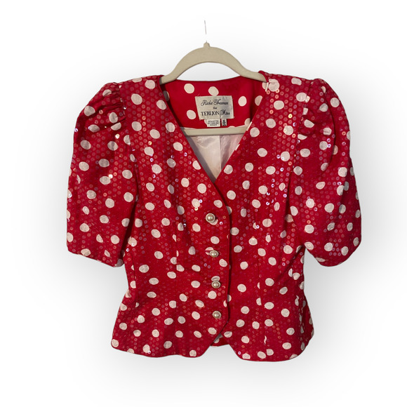 Rickie Freeman For Teri Jon Red And White Polka Dot sequined Suit Women Sz 6 - Picture 2 of 8